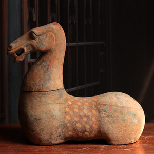 仿古彩绘陶器卧马摆件汉代陶马陶器收藏艺术品中式家居老货老物件