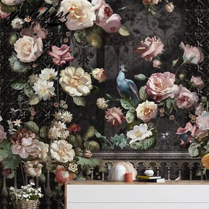 北欧复古深色花卉壁纸玫瑰花朵客厅电视背景墙纸美式墙布餐厅壁画