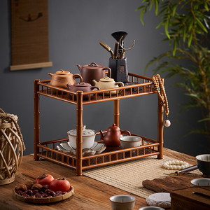 中式双层茶具杯壶收纳架小罐茶叶摆放工艺品展示桌面竹编博古架