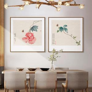 新中式餐厅客厅装饰画有框玄关走廊壁画书房花卉茶室花鸟方形挂画