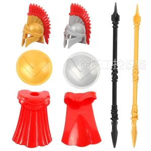 中古风人仔武器配件斯巴达盾牌披长矛罗马士兵头盔小颗粒军事玩具