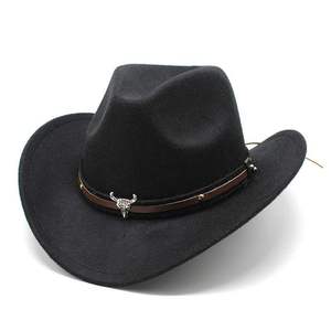 新款西部牛仔男帽黑色骑士帽男女骑马帽马术帽子金属牛头标礼帽