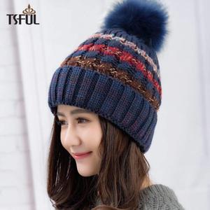 Tsful 帽子女冬季新款时尚简约拼色可爱保暖护耳针织毛线帽子月子