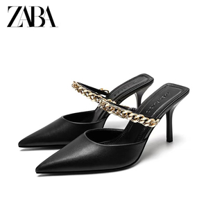 特价清仓ZABA RAICIS真皮尖头链条高跟鞋女大码细跟半拖穆勒凉鞋
