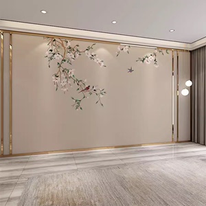 3D新中式古风墙纸花鸟美容院养生馆壁画客厅装饰茶室直播背景壁纸