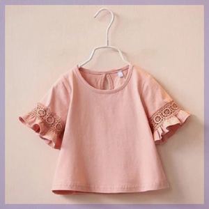 女童装蕾爆款丝花边圆领喇叭袖短袖T恤纯色上衣2018夏装新款韩版