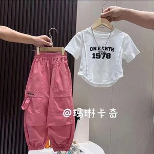 韩系女童2024夏季新款宝宝套装夏日8到10岁女童短袖薄款工装裤两