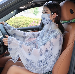 夏季韩版女生防晒披肩冰丝雪纺披肩开车骑车防紫外线面纱套装