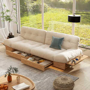 沃尔琦实木布沙发小户型客厅日式抽屉储物直排原木奶油风云朵沙发