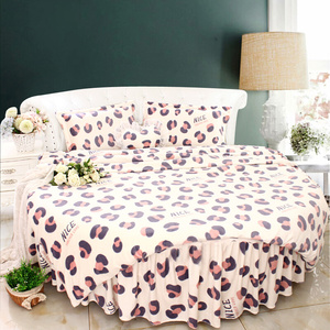 。粉色豹纹裸睡牛奶绒圆床四件套防静电冬季保暖毛绒圆床单圆床罩