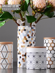 现代简约抽象几何竹木盖储物罐摆件 北欧风客厅样板房装饰品摆设