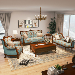 美克美家欧式客厅布艺沙发套装组合美式实木田园双三人真皮小户型