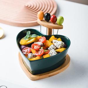水果盘叉套装创意干果盘陶瓷沙拉碗带叉家用水果盘碗现代客厅糖果
