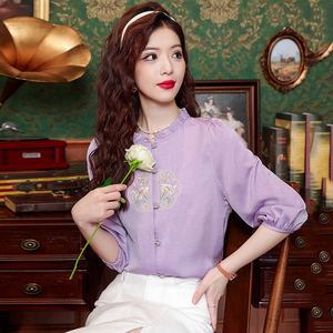 茵曼新中式国风刺绣衬衫女装春夏紫色木耳边泡泡袖衬衣气质半袖雪