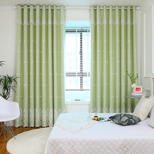 奶油绿窗帘窗帘遮光双层纱布一体2024新款蕾丝绣花客厅卧室挂钩式