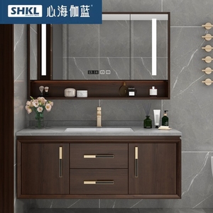 心海伽蓝现代新中式浴室柜组合橡木陶瓷一体盆实木洗手台卫浴柜吊
