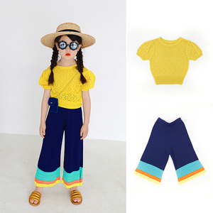 巴啦巴啦童装夏季新款女童儿童针织T恤裤子黄色镂空针织爆款