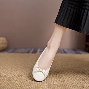 marcha芭蕾舞蝴蝶结女鞋平底鞋米白色船鞋舒适软浅口通勤单鞋法式