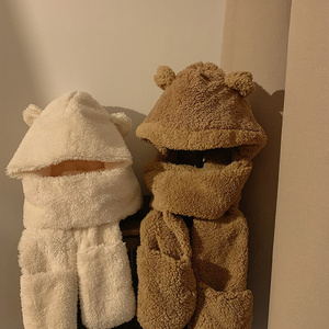 小熊帽子女冬季手套围巾一体三件套可爱卡通围脖耳朵羊羔毛绒保暖