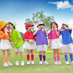 。六一儿童节表演服糖果彩色T恤白裙短裤套装合唱舞蹈服多巴胺夏