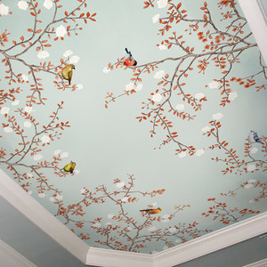 天花板吊顶墙贴客厅卧室棚顶墙壁布中式花鸟壁纸蓝天白云背景墙布