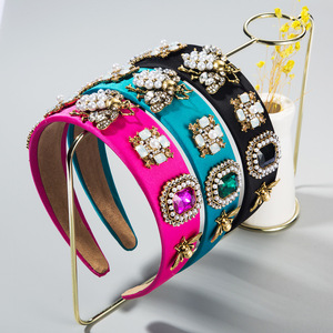 跨境爆款欧美创意巴洛克发箍镶水钻珍珠头箍蜜蜂彩色布料花环头饰