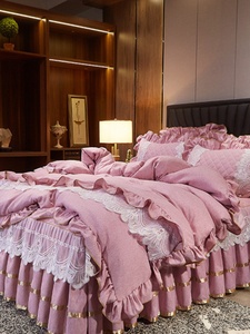 L床上用品四件套韩式床裙4件套 夹棉加厚床罩套件蕾丝床套花边被