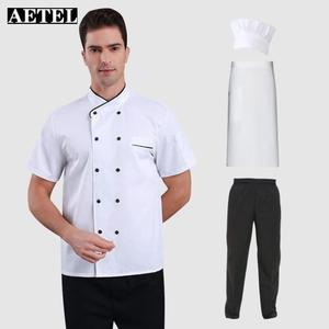 AETEL厨师工作服套装短袖上衣裤子帽子围裙酒店厨房工服白短四件