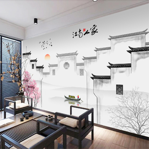 新中式墙纸徽派建筑马头江南水乡饭店壁纸意境山水荷花背景墙壁画