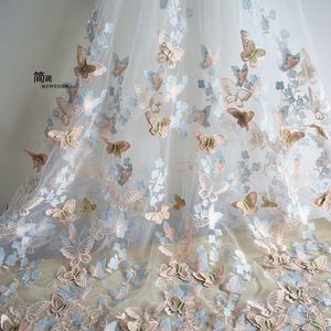 3D立体重工蝴蝶花朵刺绣蕾丝羽毛服装连衣裙婚纱礼服拍摄背景布料