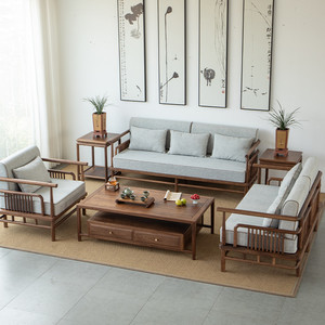 新中式北美黑胡桃木实木客厅沙发简约现代轻奢布衣小户型全套组合