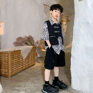 巴­拉巴­拉韩系三件套黑色西装皮扣马甲男童夏季新款机能风中大童