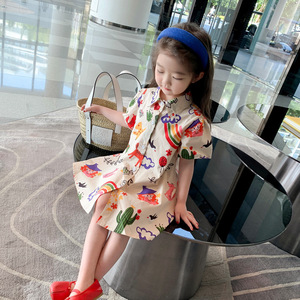 女童可爱卡通印花短袖连衣裙2024夏季新款韩女孩棉质衬衫裙哇哇裙
