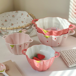 可爱陶瓷泡面碗双耳碗家用个人专用防烫草莓花瓣碗水果沙拉汤面碗