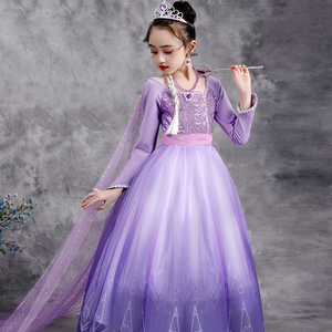 冰雪奇缘公主裙长袖女童连衣裙紫色艾莎长裙儿童生日表演出礼服装