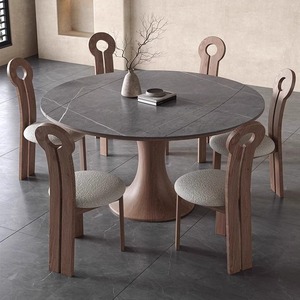 中古风圆形全实木岩板餐桌椅组合小户型高端拉伸多功能餐桌胡桃色