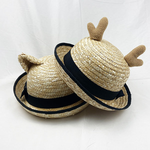 新款猫耳朵麦秆成人草帽鹿角麦秆可爱卖萌网红草帽礼帽卷边帽子