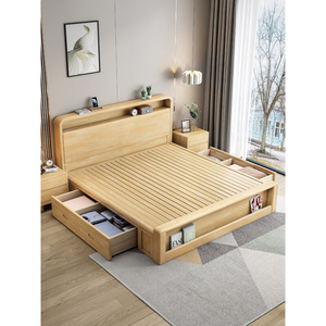 厂北欧实木床18米双人床现代简约主卧室15箱式储物高箱收纳抽屉销