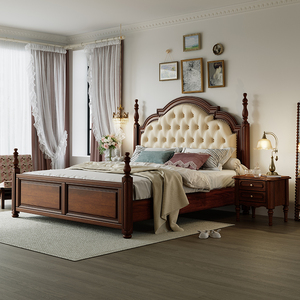 桃花心木美式实木床主卧高端大气1米8床双人床现代简约法式真皮床