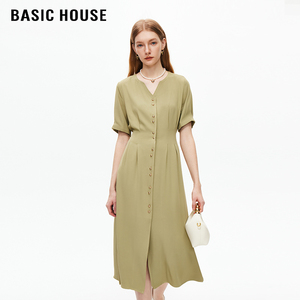百家好/Basic House法式气质V领收腰压褶设计短袖连衣裙长裙夏季