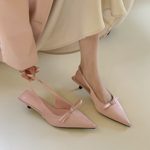 热风温柔芭蕾 粉色蝴蝶结一字玛丽珍凉鞋女后空半包头单鞋
