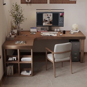 实木转角书桌书架组合卧室家用7字型写字台角落拐角台式电脑桌l型
