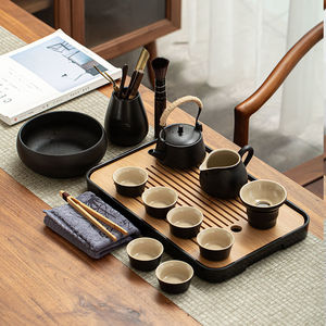 黑陶提梁茶壶茶杯功夫茶具套装家用日式简约现代一壶六杯托盘茶盘