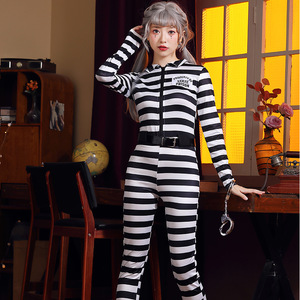 万圣节服装  派对聚会成人女cosplay游戏服 黑白条纹性感连体囚犯