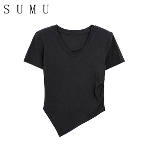 宿慕SUMU小雨女装不规则V领短袖T恤女新款设计感小众百搭19607