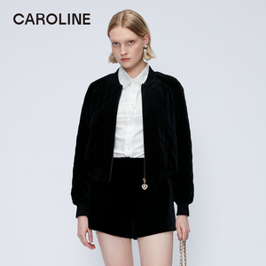 CAROLINE卡洛琳2022秋季新款黑色简约菱格拉链棒球棉衣O661204D