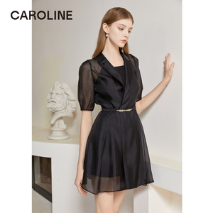CAROLINE卡洛琳2022夏季新款收腰西装领短款气质连衣裙ECRCBC23