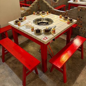 火锅桌子电磁炉一体商用重庆大理石实木专用市井串串香店餐椅组合