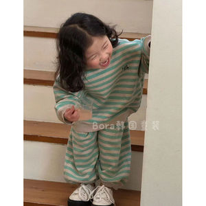 巴­拉巴­拉清货韩国儿童宝宝套装春季2024女童运动卫衣绿色条纹时