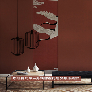 新中式古风浮雕红色仙鹤壁纸无缝禅意琴房墙纸古典大气雅致墙布